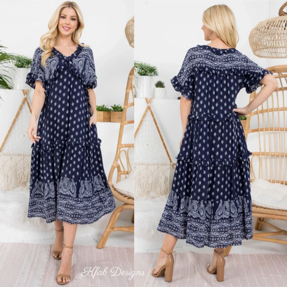 ❤️LAST 1! Navy Paisley Border Print Fully Lined Midi Pocket Dress! - Picture 3 of 6
